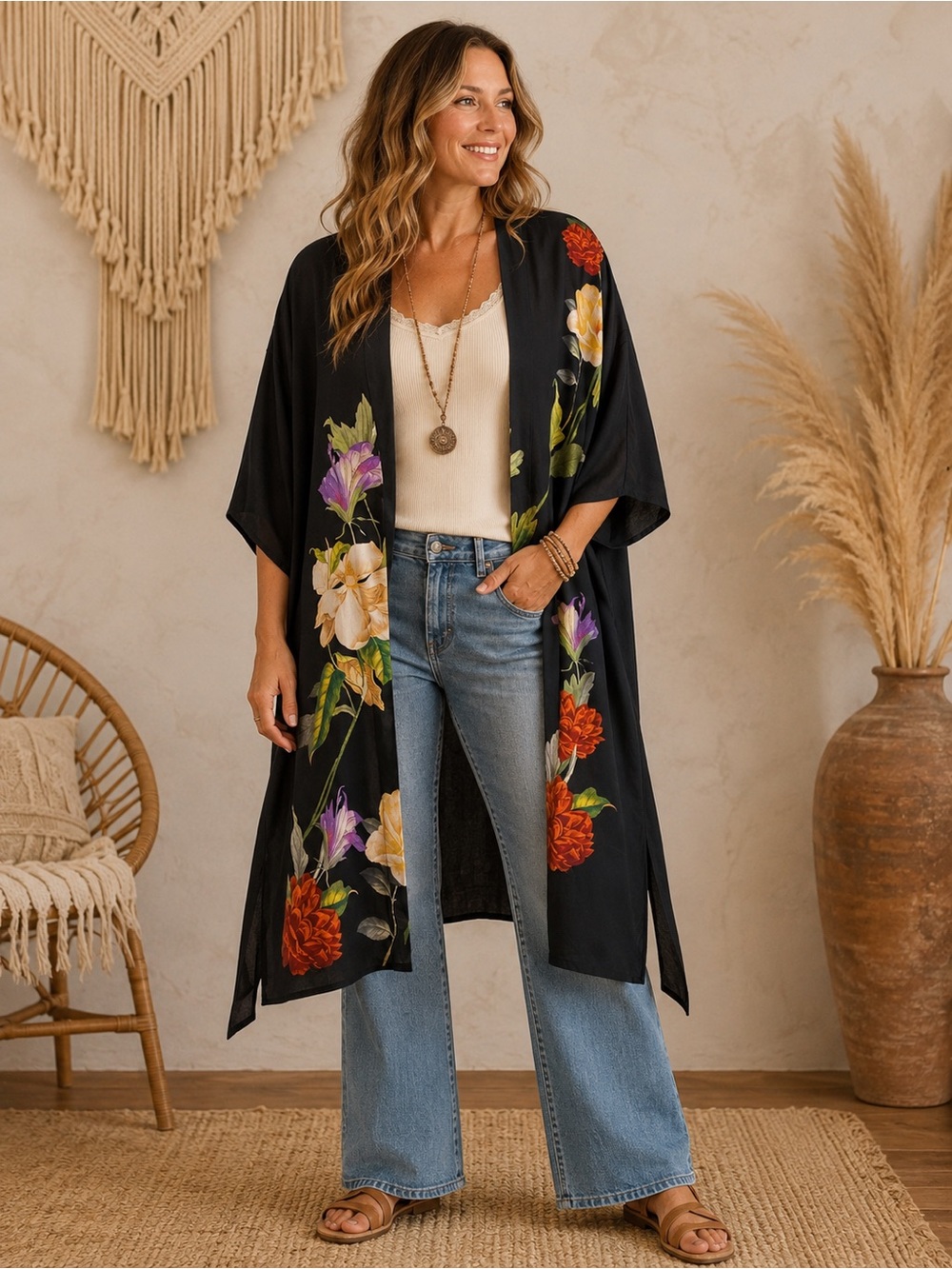 Effortless Floral Kimono Duster Cover Up Black Boho Layering Piece Size S M